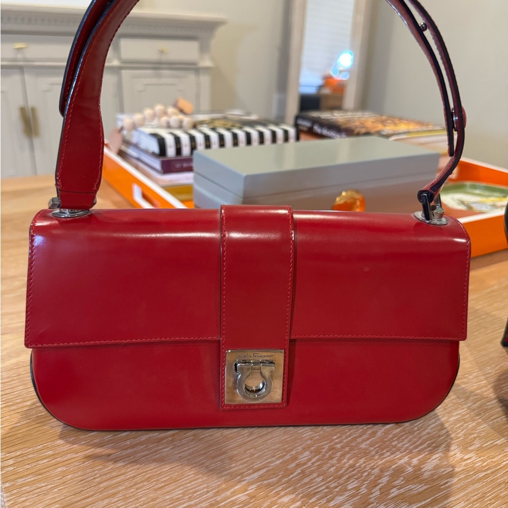 Salvatore Ferragamo Red Shoulder Bag with Silver Hardware